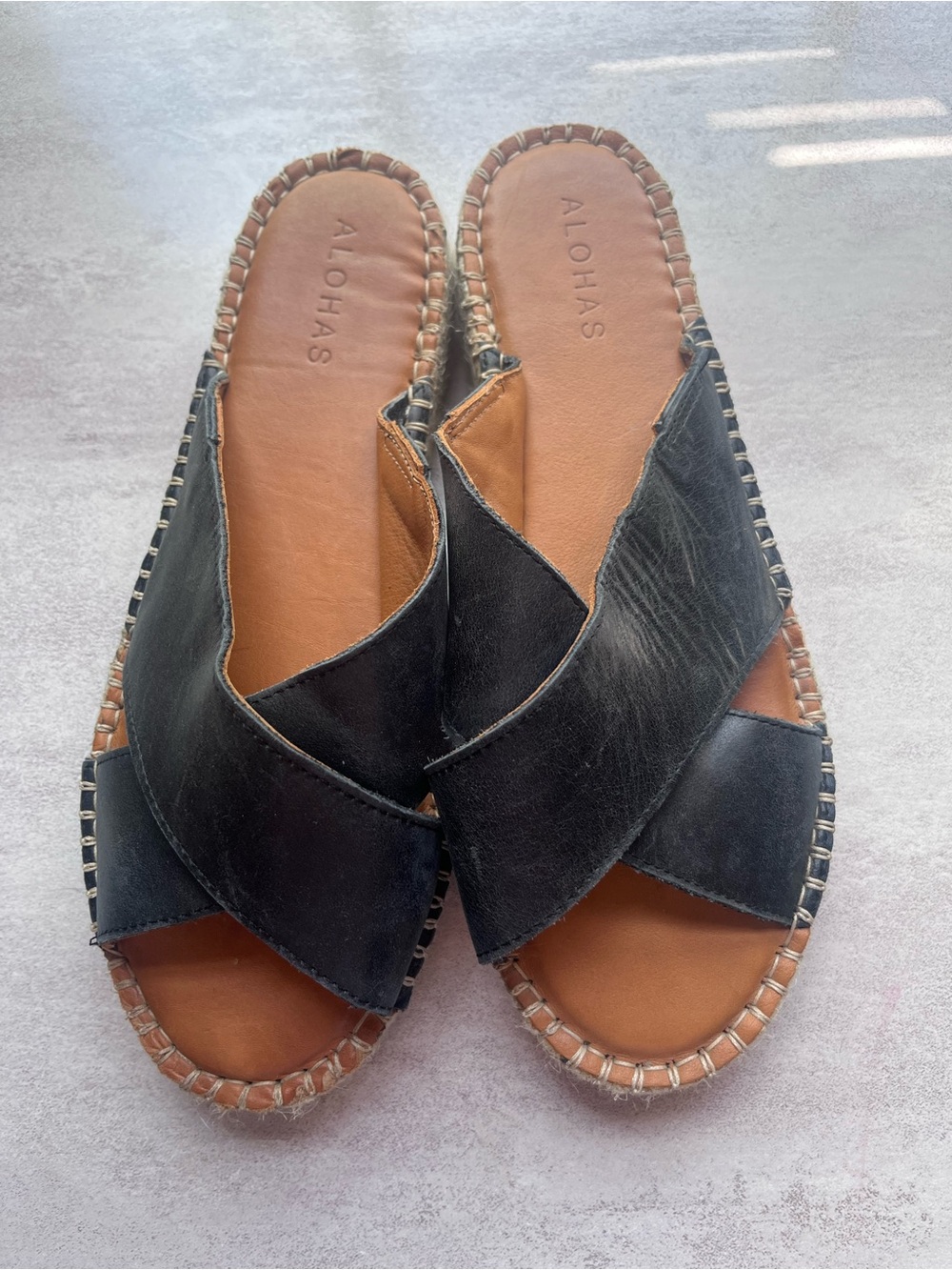 ALOHAS Black Leather Slide Espadrille Sandals